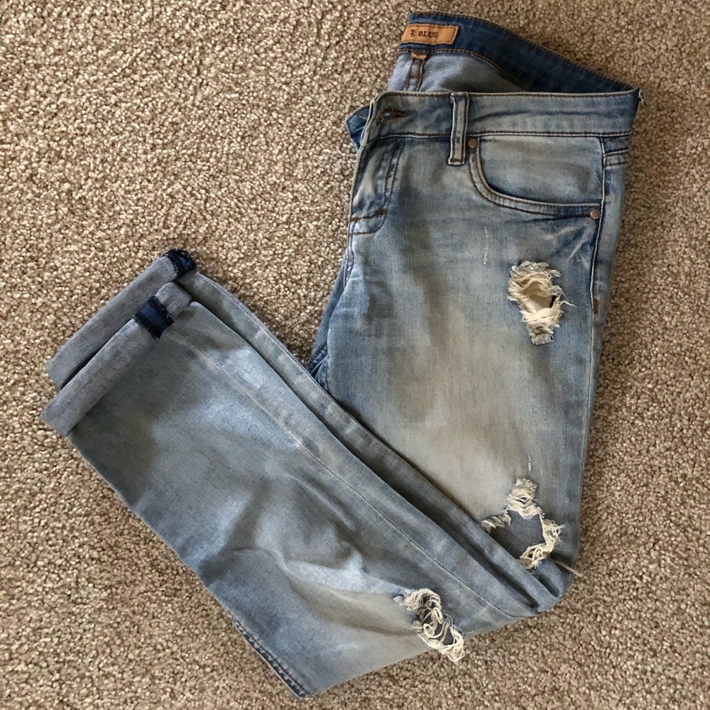 STS Blue Light Wash Distressed Skinny Jeans 3/26 Raw Hem Cuffed Ankle Juniors